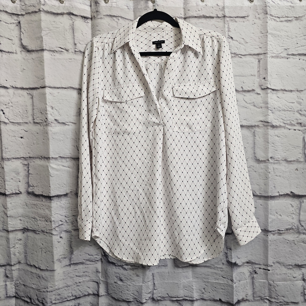 Ann Taylor White With Blue And Pink Diamond Pattern Blouse Size Medium